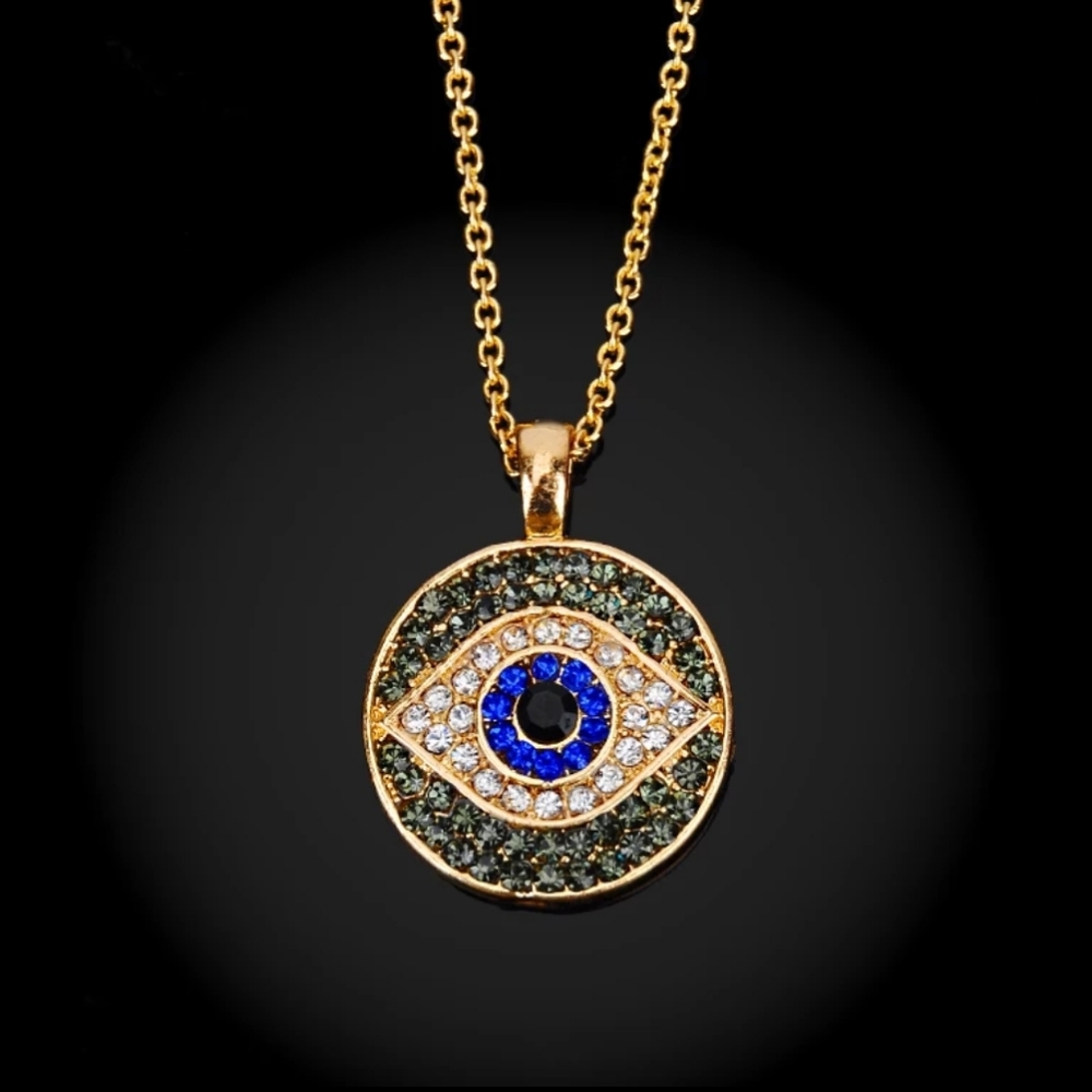 Goldtone Rhinestone Eye Pendant Necklace - Picture 5 of 5